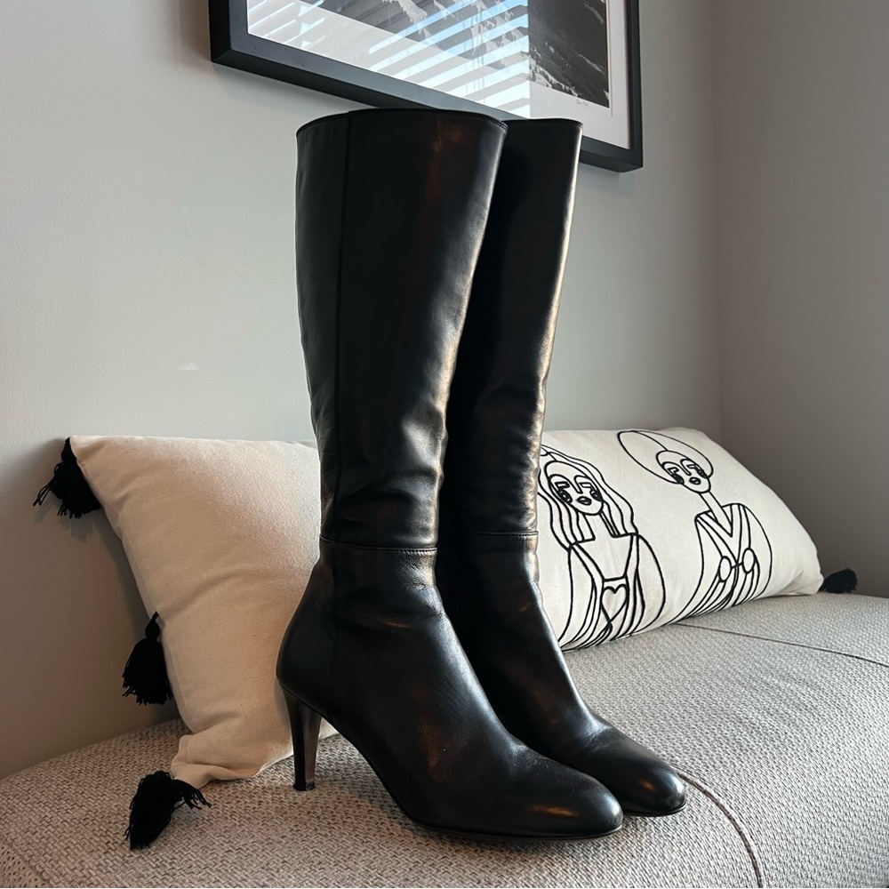 agl leather high heeled designer boots || black
